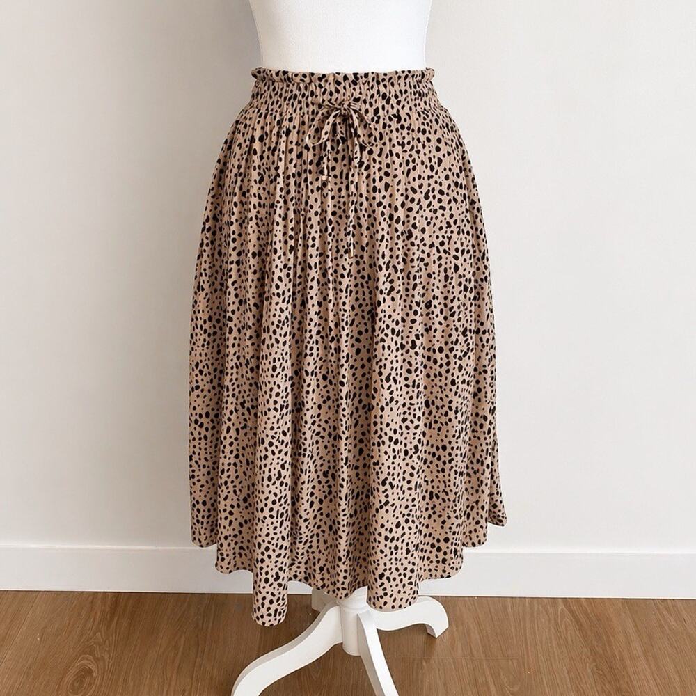 Pink Lily Leopard Print Pleated Chiffon Midi Skirt, Drawstring High Rise XS